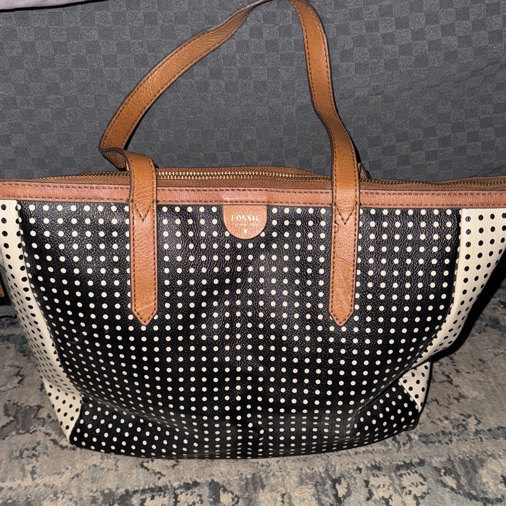 Fossil Polka Dot Tote with Brown Handles